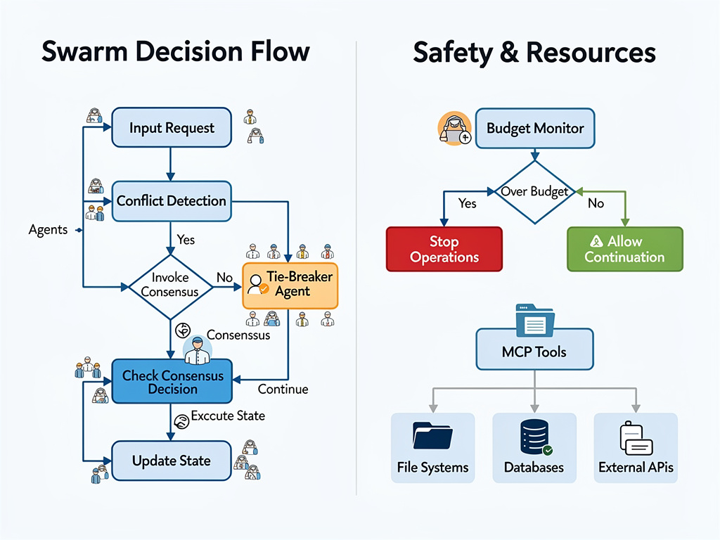 Agent swarm decision workflow with safety guardrails flowchart