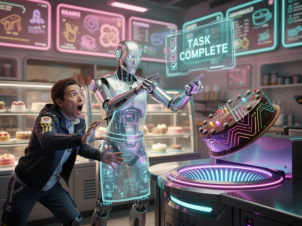 A comical scene in a futuristic cyber-bakery