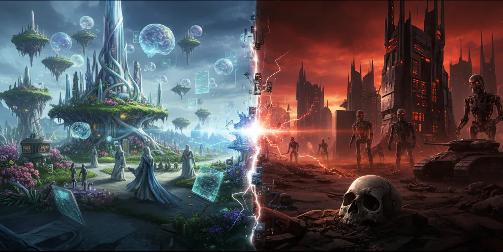 Conceptual visualization of AI singularity outcomes