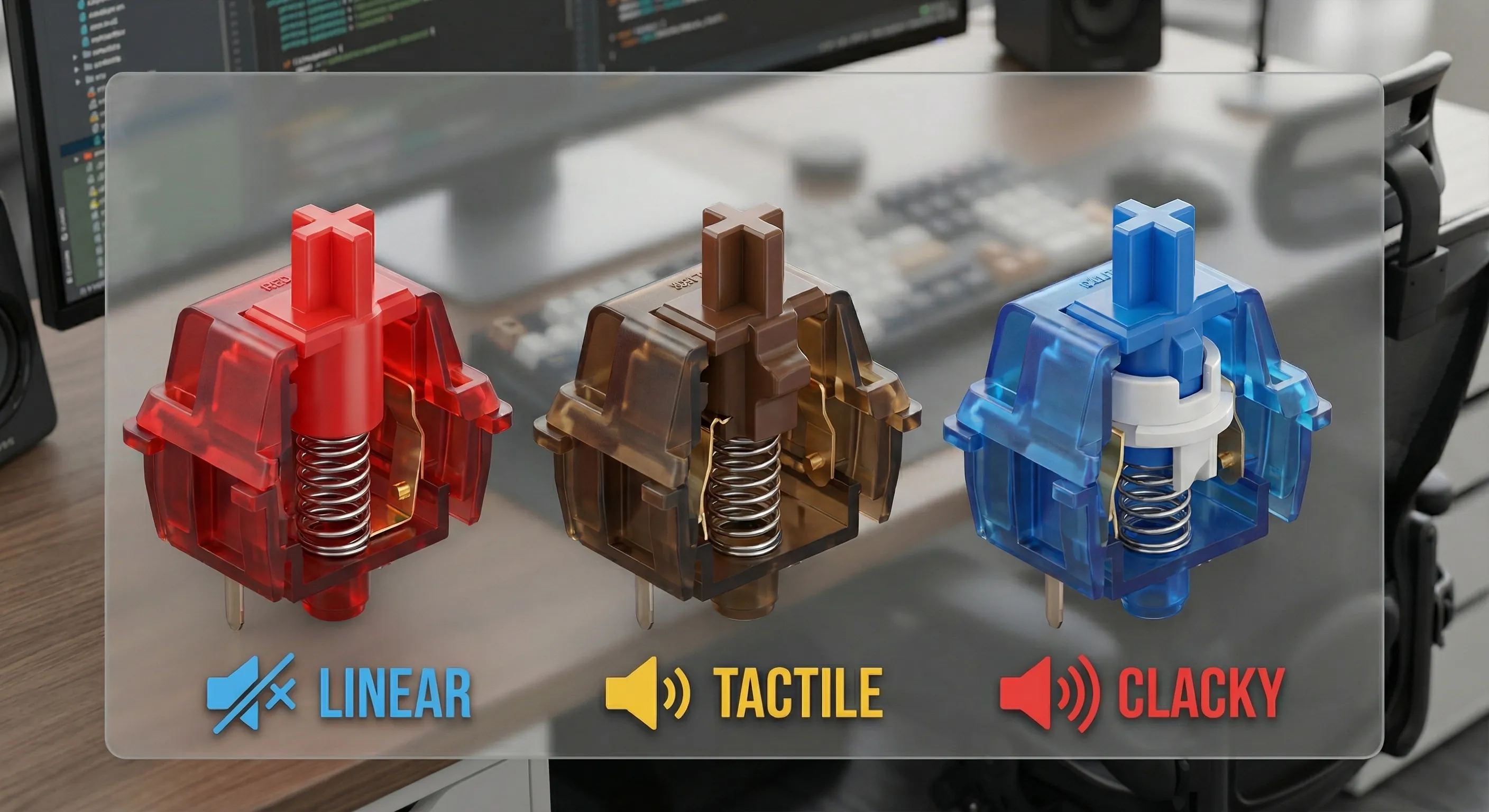 Cutaway view of three mechanical switches showing internal components and noise labels.